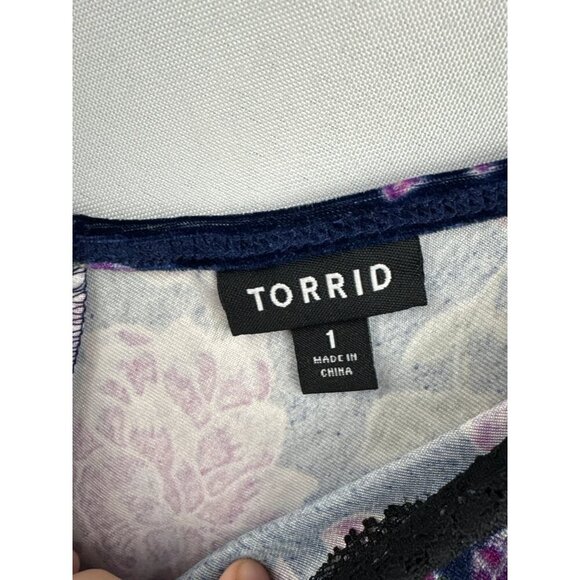 Women’s Torrid Size 1XL Blue & Multicolored Floral Printed Velvet Tank with Lace - Picture 5 of 5